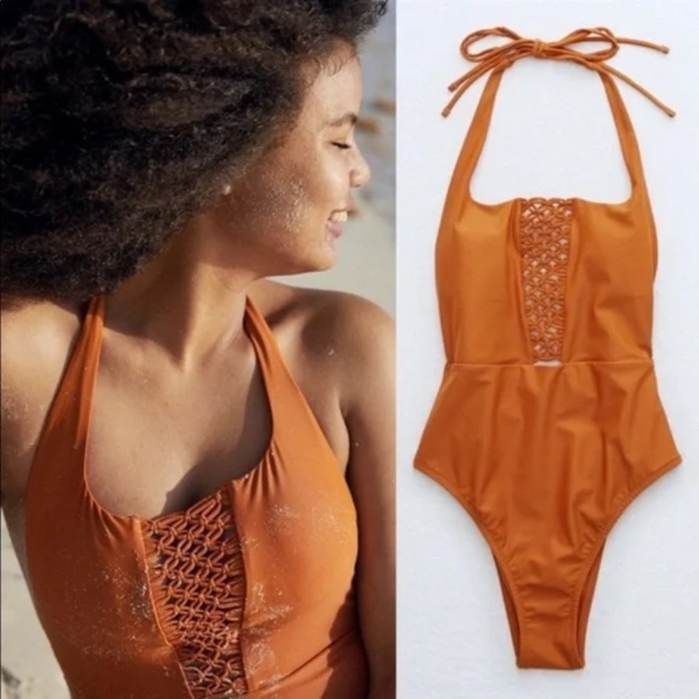 Aerie Orange Macrame Woven Halter Neck One Piece Swimsuit Size Large
